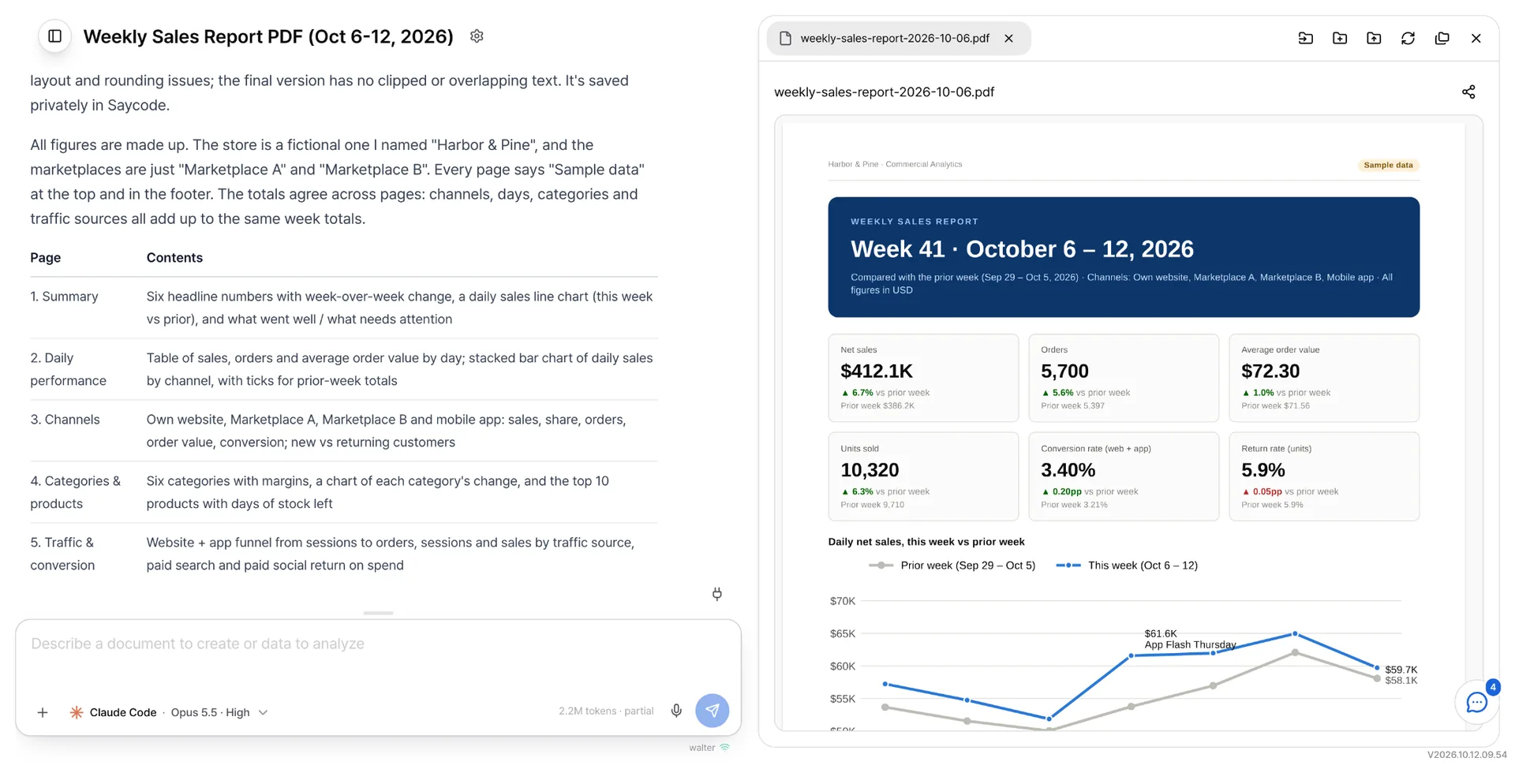 A Saycode screen. A report is requested on the left, and the weekly sales report PDF is open on the right.