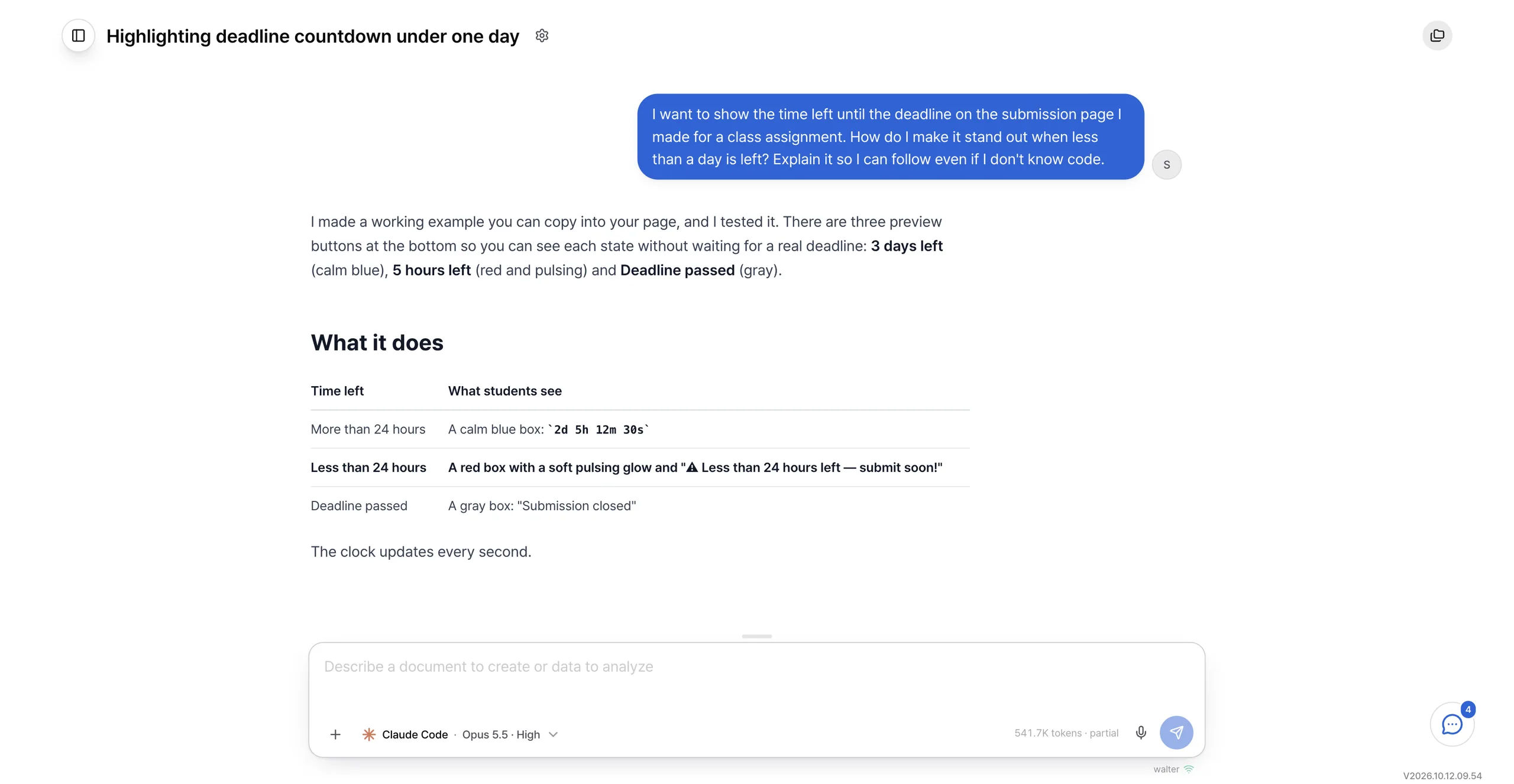 The Saycode chat. A student asks how to show the time left before a deadline on their assignment page, and the answer walks through it in plain language.