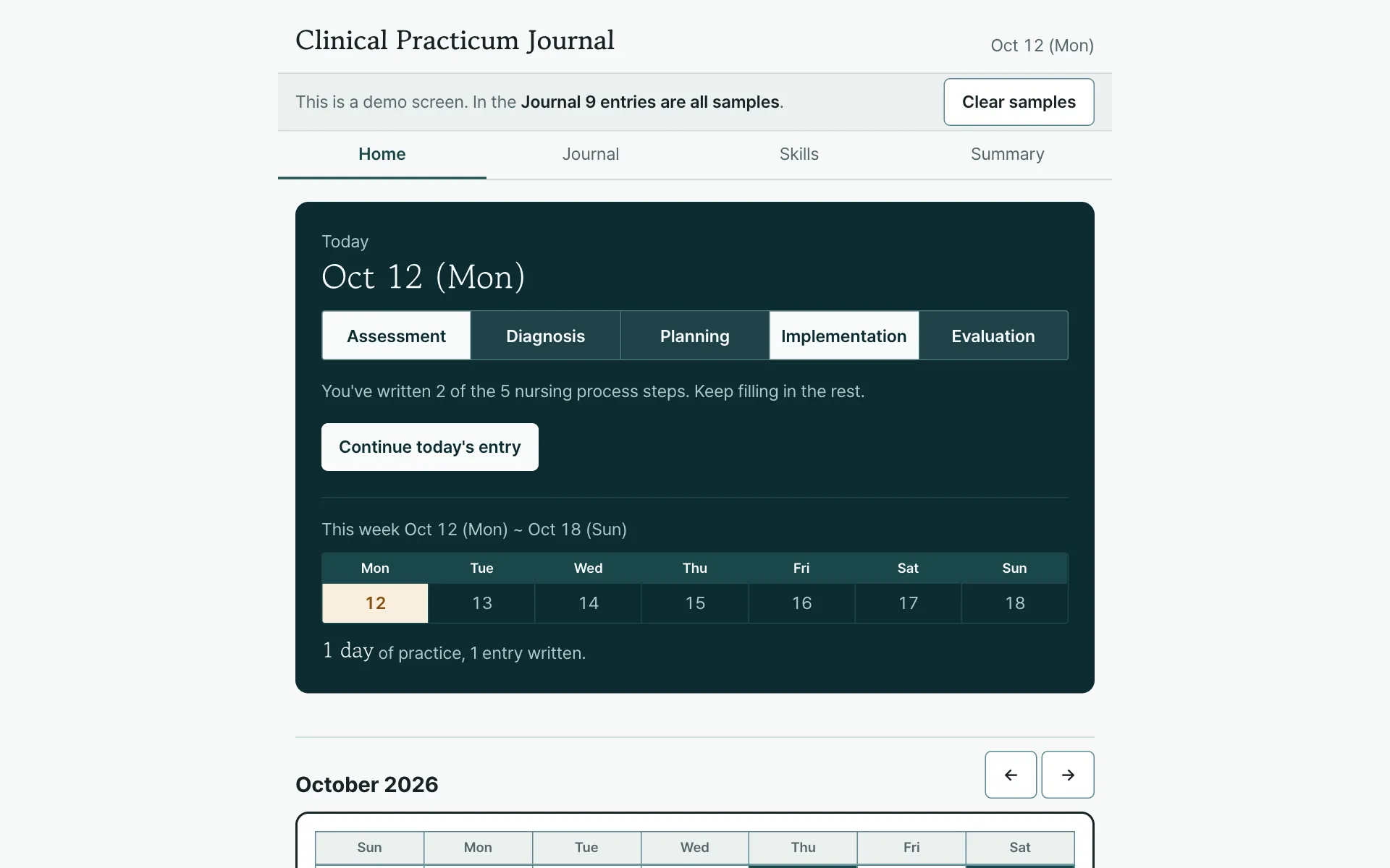 Practicum journal screen