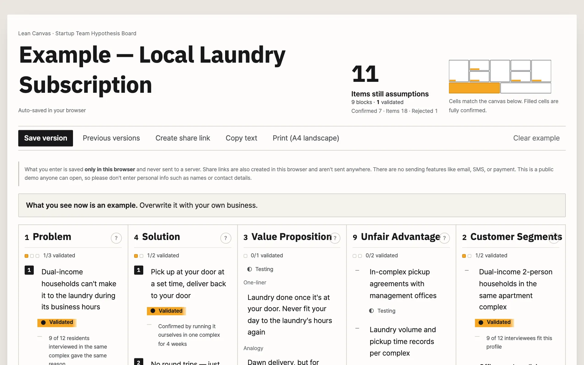 Lean startup canvas screen