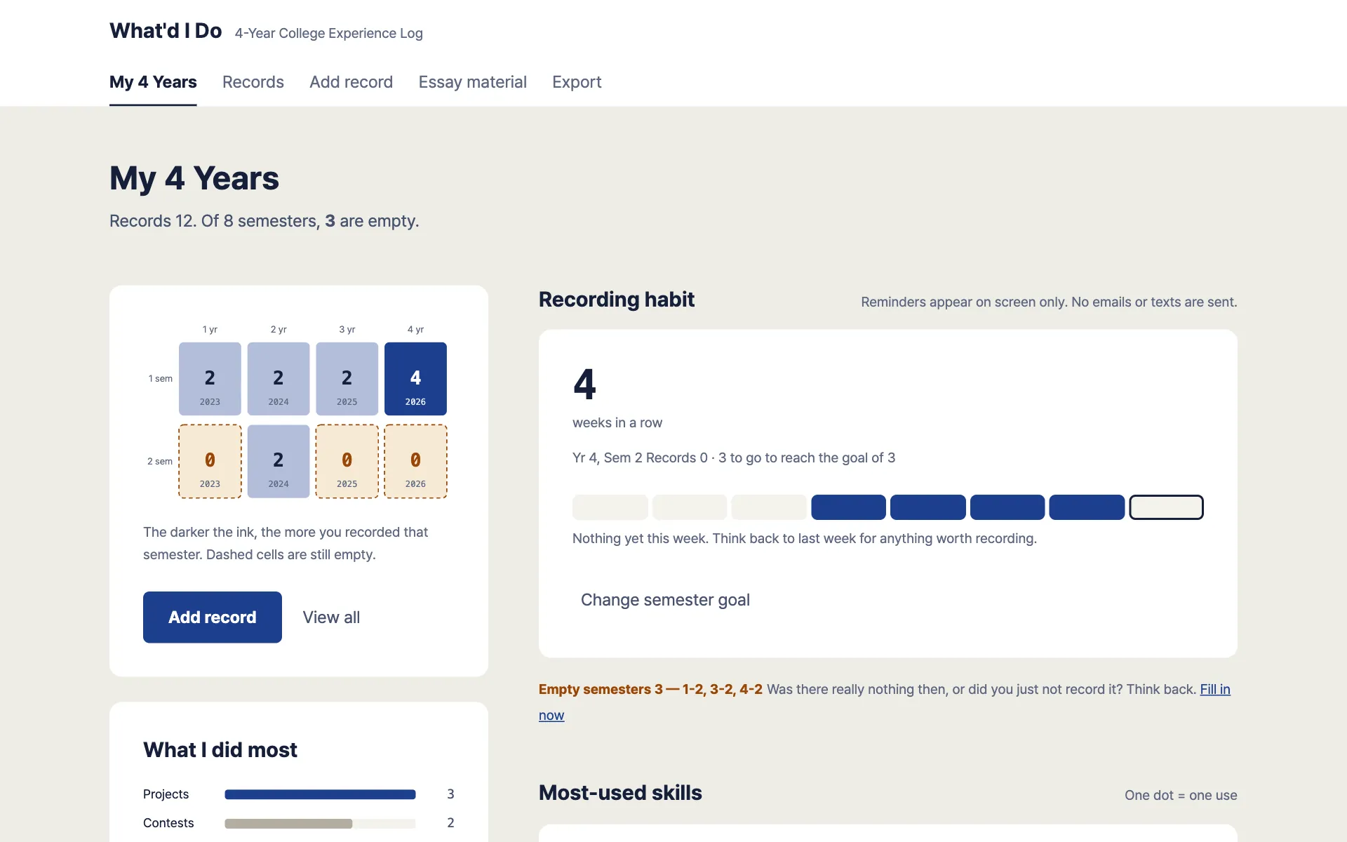 Activity record screen
