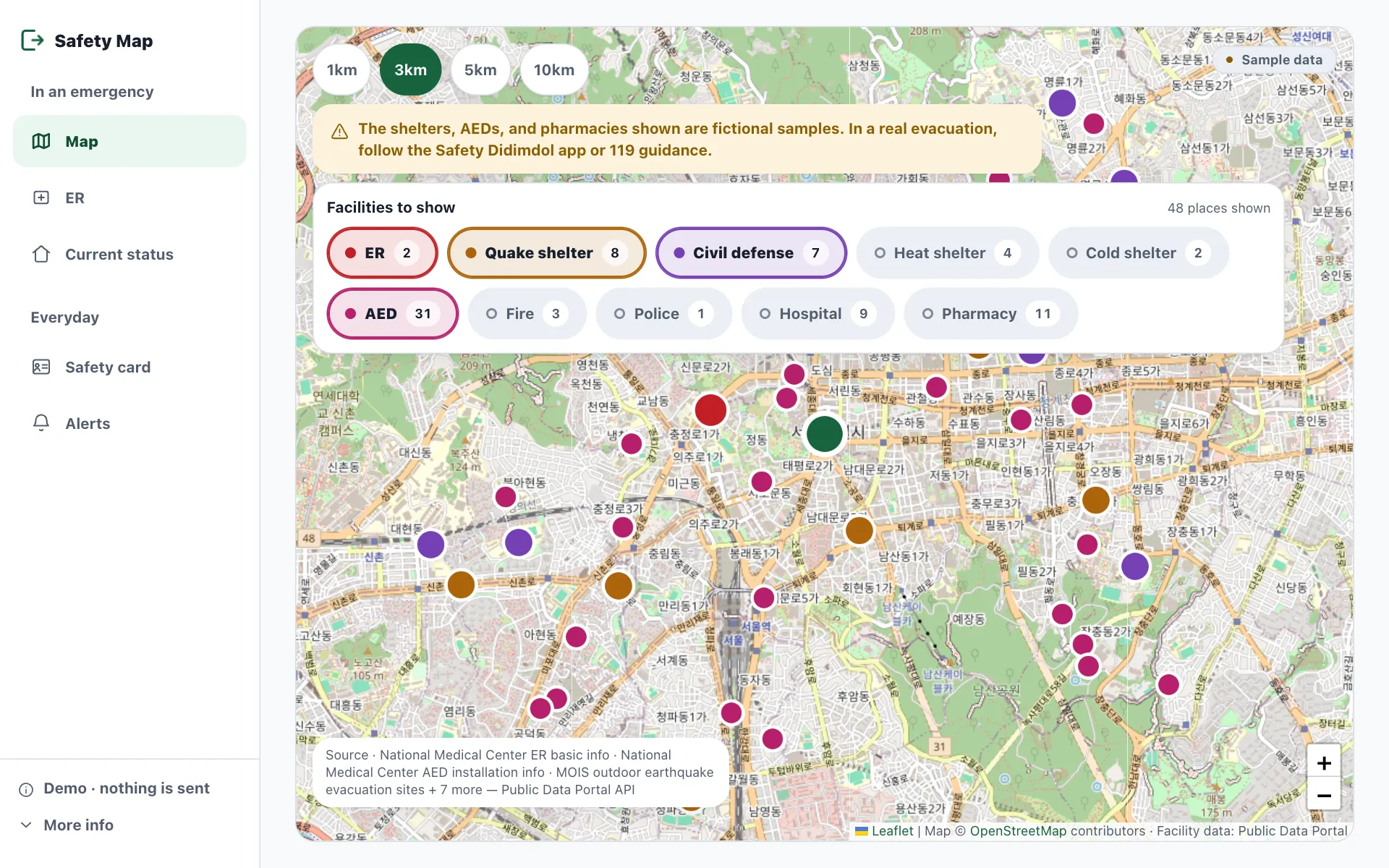 Disaster and safety map screen