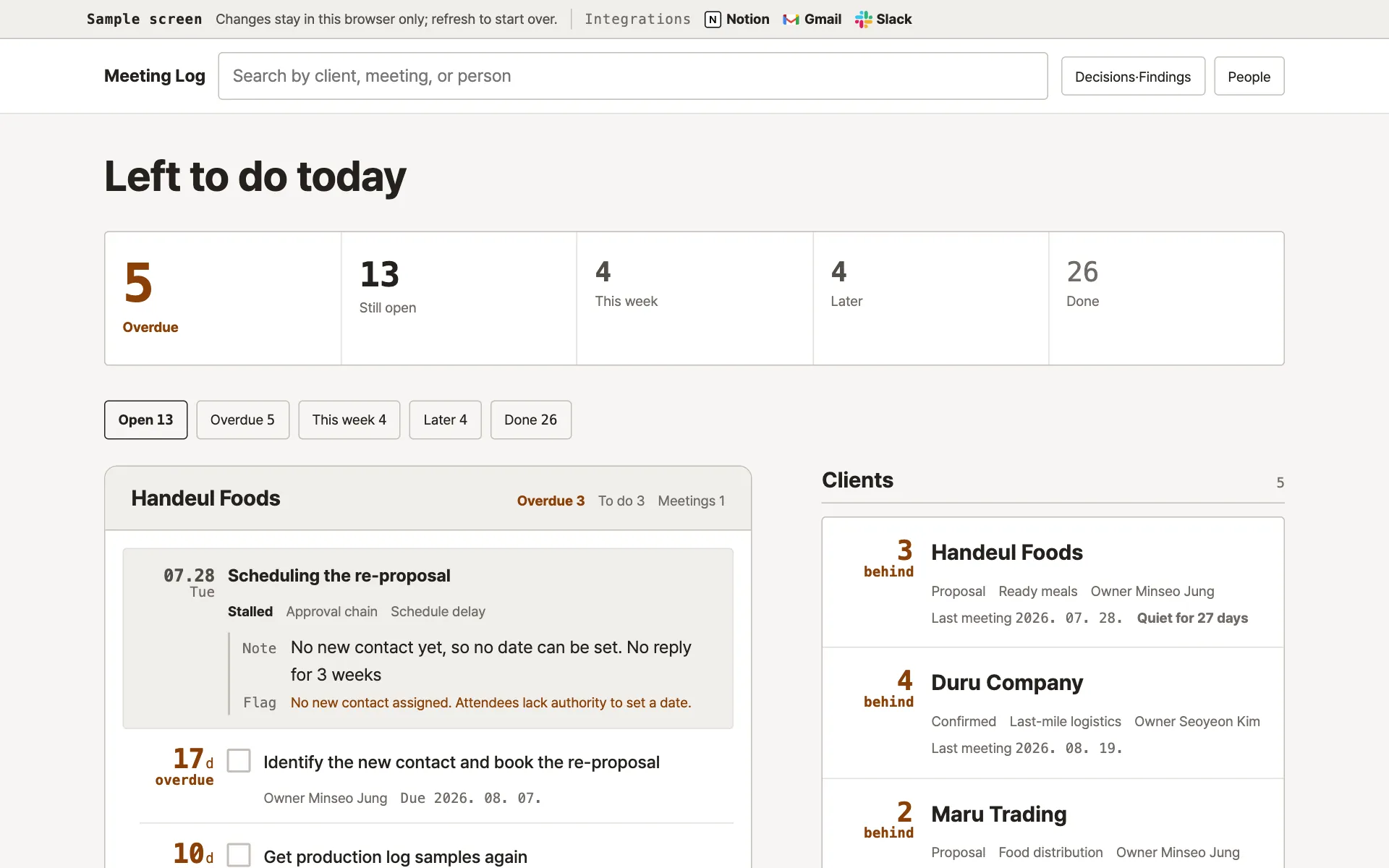 Meeting log screen